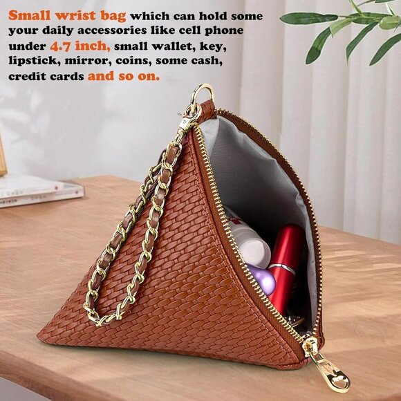 ⚡New Brown Leather Triangle Wristlet Clutch Handbag Pyramid Evening Cocktail - Picture 4 of 6